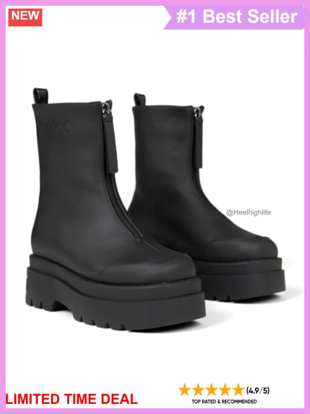Vegan Grape Leather Platform Combat Boots Square Toe Front Zipper Mid-Calf